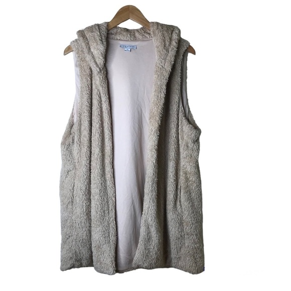 FAVLUX Fashion Women's Size 1X Janina Tan Fuzzy Fleece Open‎ Hooded Vest Pockets - Picture 1 of 7